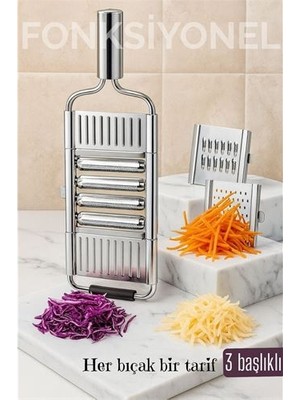 Ethab Ticaret Paslanmaz Çelik Sebze Rendesi – Değiştirilebilir 3 Bıçaklı Çok Fonksiyonlu  - GL002V-7MOV1