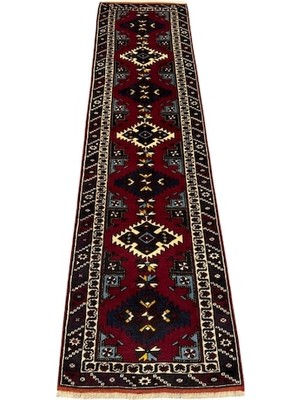 Burak Halı El Dokuması Döşemealtı Halısı 80X300 Yolluk Kırmızı Lacivert Kök Boya Yün Halı Lacivert