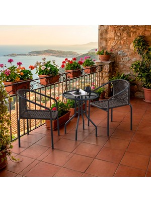 EVDEMO Bistro 2 Kişilik  Makrome Örgü Bahçe Balkon Oturma Seti Cam Masalı Siyah