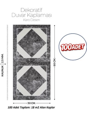 Brano 30X60 cm Kendinden Yapışkanlı Duvar,banyo,tezgah Arası Karo DESEN-100 Adet