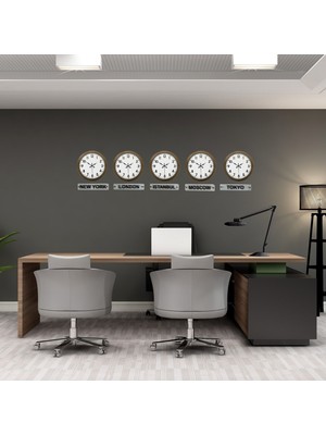 Nemere Vintage World Time – 5’li Eskitme 36 cm Metal Tabelalı Dünya Saatleri