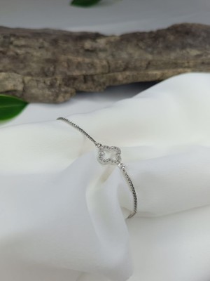 Luna Jewelry Kadın Gümüş Renkli Yonca Desenli Zirkon Taşlı Asansör Ayarlanabilir Çelik Bileklik