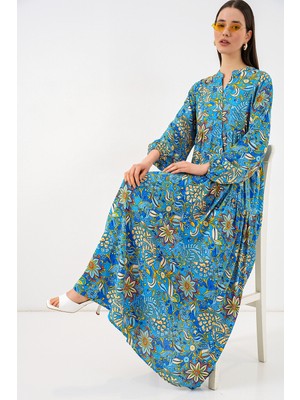 Bigdart Kadın Desenli Uzun Tesettür Elbise 2585 - Turkuaz