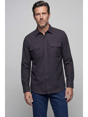 Bisse Modern Fit Paşa Yaka Çift Cepli Flanel Kahve Erkek Gömlek GMFLN0322300212_D12