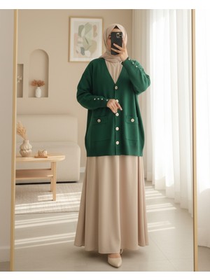 Moda Morfo Metal Düğmeli Cep Detaylı Hırka -Zümrüt