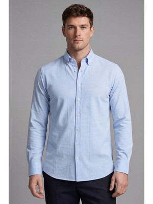 Bisse Regular Fit Uzun Kol Keten Paşa Yaka Mavi Erkek Gömlek BSGMKTN25330_D35