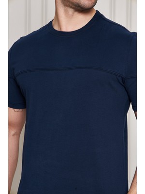 Jeuss Erkek Viscon Lina Likralı Kumaş Bisiklet Yaka Lacivert Tshirt