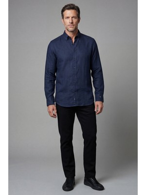 Bisse Regular Fit Paşa Yaka Cepsiz Sedef Düğmeli Indigo Erkek Gömlek GMKTN250011_D66