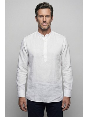 Bisse Uzun Kollu Paşa Yaka Cepsiz Sedef Düğmeli Erkek Keten Gömlek Beyaz GMKTN250013_01