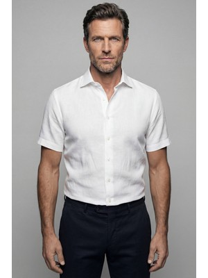 Bisse Regular Fit Tek Cepli Keten Doğal Pamuk Beyaz Erkek Gömlek GMKTN1KC224010_D01