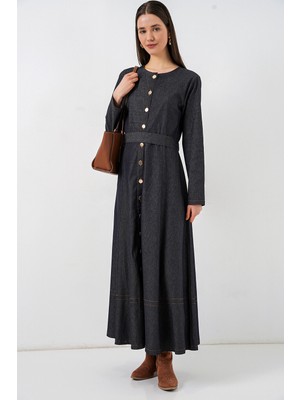 Bigdart Kadın Kuşaklı Uzun Denim Elbise 2595 - Lacivert