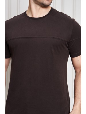 Jeuss Erkek Viscon Lina Likralı Kumaş Bisiklet Yaka Kahverengi Tshirt