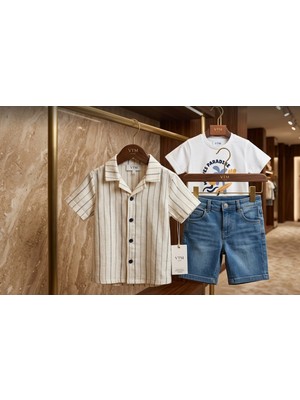 Kidzes Erkek Çocuk Müslin Gömlek,yumuşak Kot Şort, Pamuklu Beyaz Tişört 3'lü Takım