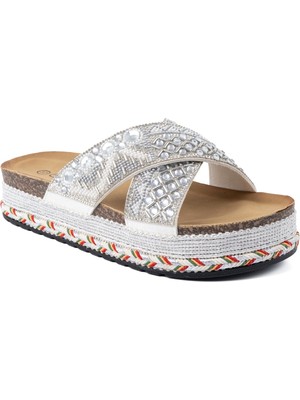 Guja 26Y222 Kadın Taşlı Çapraz Bantlı Düz Platform Tabanlı Comfort Terlik Beyaz