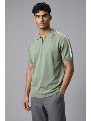 Jeus Erkek Yakalı Fermuarlı Triko Yeşil Tshirt