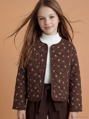 LC Waikiki Kahverengi Bisiklet Yaka Çiçekli Kapitone Kız Çocuk Ceket