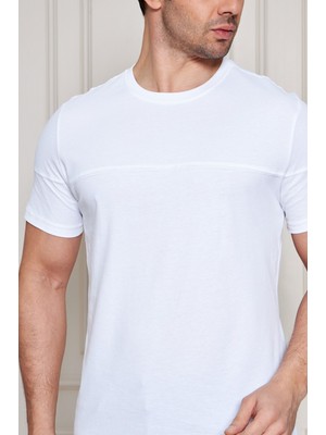 Jeuss Erkek Viscon Lina Likralı Kumaş Bisiklet Yaka Beyaz Tshirt