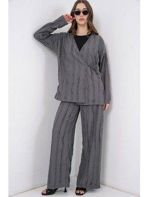 Bigdart Kadın Örme Kimono Pantolon Ikili Takım 30067 - Gri