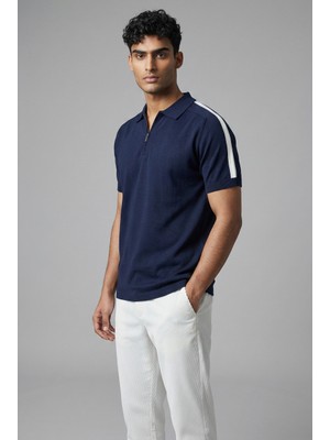 Jeus Erkek Yakalı Fermuarlı Triko Lacivert Tshirt