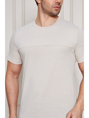 Jeuss Erkek Viscon Lina Likralı Kumaş Bisiklet Yaka Bej Tshirt