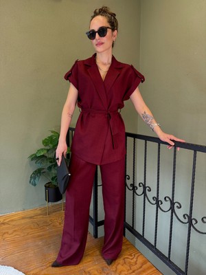 Ali Butik Bordo Kuşaklı Keten Yelekli Takım