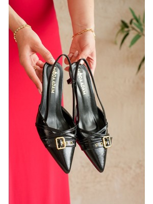 Kadın Paris Ince Kısa Topuklu Ayakkabı - Siyah-Rugan