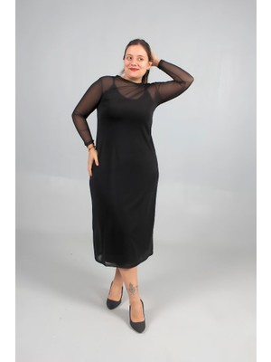 Truva Xxl Büyük Beden Içi Askılı Penye Üzeri Tül Detaylı Siyah Elbise