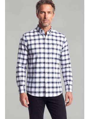 Bisse Modern Fit Italyan Yaka Tek Cep Düğmeli Ekose Kışlık Pamuk Lacivert Erkek Gömlek GMEKS0122300215_D39