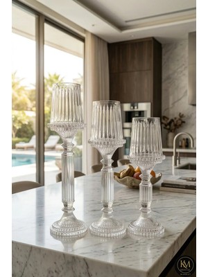 Kristal Market El Yapımı Kristal Desenli Şeffaf Lüks Mumluk Şamdan Set 3'lü