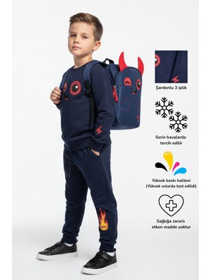 KarmeNova Spark Alev Baskılı Erkek Çocuk Eşofman Takım ve Okul Sırt Çantası Seti | 4-9 Yaş