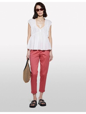 Sisley %100 Pamuk Büzgülü Kolsuz V Yaka Bluz Kadın Beyaz Bluz - 325P5HO1LQ08X