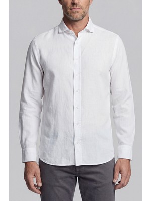 Bisse Regular Fit Alt Birit Yaka Keten Beyaz Erkek Gömlek GMKTNA1224017_D01