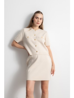 Shophia Gold Düğmeli Triko Etek Bluz Takım