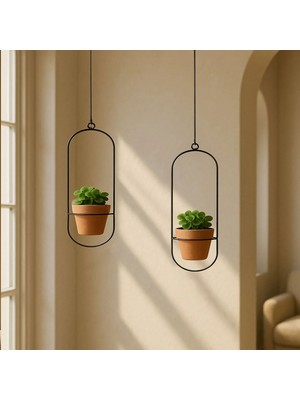 Homing Tasarım Askılı Metal Çiçeklik Saksılık 30 ve 25 cm Siyah Renk Modern Dekor