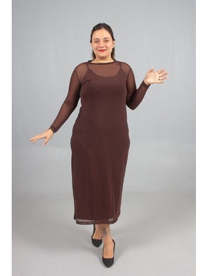 Truva Xxl Büyük Beden Kahverengi Askılı Penye ve Tül Detaylı Ikili Elbise