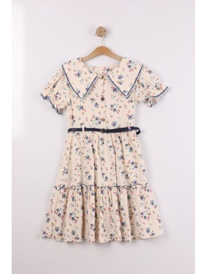 Joy Kids Kız Çocuk %100 Pamuk Müslin Elbise Kemer Detaylı (10-13YAŞ) (Ekru)