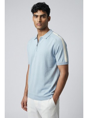 Jeus Erkek Yakalı Fermuarlı Triko Buz Mavi Tshirt