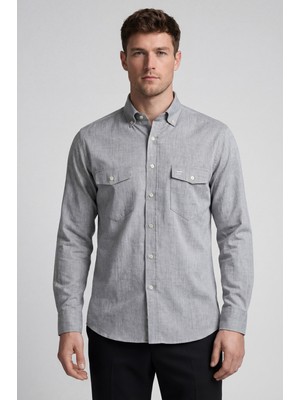Bisse Erkek Regular Fit Uzun Kol Keten Paşa Yaka Yeşil Gömlek BSGMKTN25327_D47