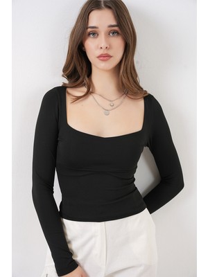 Bigdart Kadın Kare Yaka Slim Fit Bluz 986 - Siyah