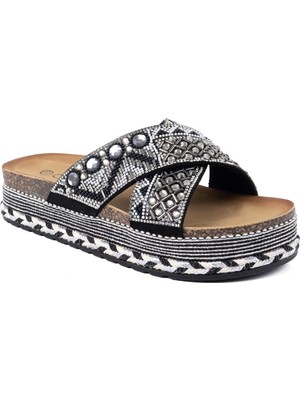 Guja 26Y222 Kadın Taşlı Çapraz Bantlı Düz Platform Tabanlı Comfort Terlik Siyah