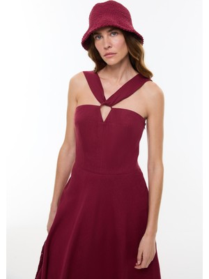 ROMAN Çapraz Bantlı Midi Boy Keten Elbise Bordo YY011031_008