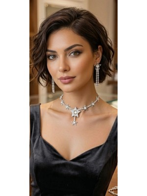 KLC Takı Pırlanta Modeli Gelin Düğün Nişan Yıldız Kolye Küpe Seti