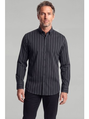 Bisse Modern Fit Paşa Yaka Düğmeli Çizgili Pamuk Siyah Erkek Gömlek GMCZG1722300201_D99