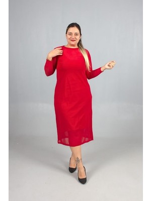 Truva Xxl Büyük Beden Kırmızı Tül Detaylı Iki Katlı Özel Tasarım Elbise