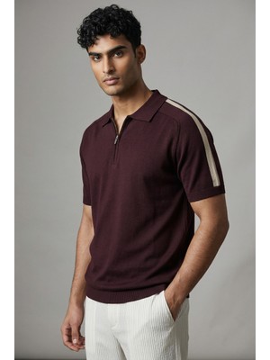 Jeus Erkek Yakalı Fermuarlı Triko Bordo Tshirt