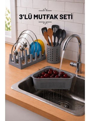 Fevito Pratik Tezgah Üstü Mutfak Düzenleyici 3'lü Set Tava Kapak Düzenleyici Kaşıklık ve Evye Süzgeci Sdk-3 Gri