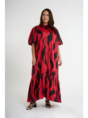 HANIQA Kadın Kırmızı Desenli Uzun Elbise