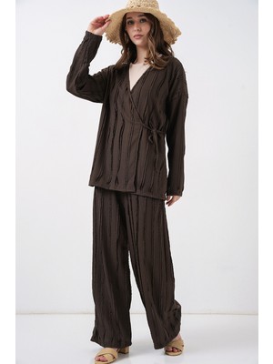 Bigdart Kadın Örme Kimono Pantolon Ikili Takım 30067 - Kahverengi