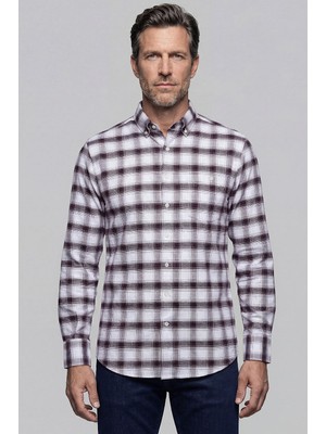 Bisse Modern Fit Italyan Yaka Tek Cep Düğmeli Ekose Kışlık Pamuk Bordo Erkek Gömlek GMEKS0122300215_D25