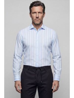 Bisse Regular Fit Alttan Britli Yaka Yazlık Çizgili Pamuk Mavi Erkek Gömlek GM23K232075_D35